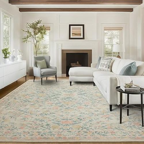 AMADA HOMEFURNISHING 9x12 Area Rugs, Washable Low-Profile Large Living Room Rug with Non-Slip Backing & Durable Edge Binding, Soft Vintage Rug for Bedroom, Dinning Room, Home Office