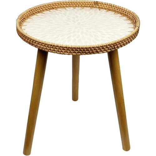 Round Rattan Side Table, Small White End Table with Mother of Pearl Inlay
