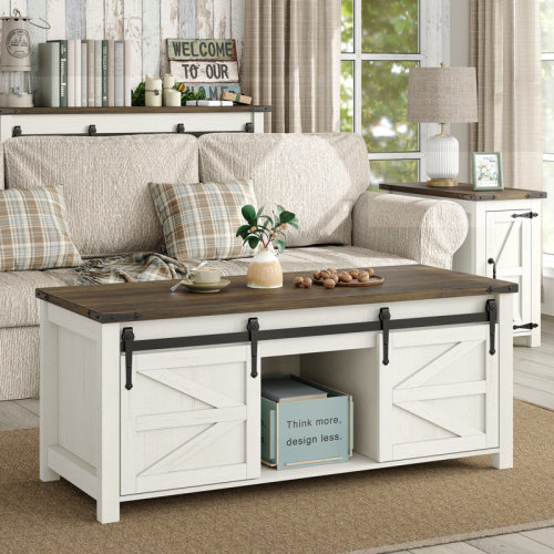 Gracie Oaks Jaquavion Coffee Table, Farmhouse Lift Top Coffee Table with Hidden Storage and Sliding Barn Door for Living Room & Reviews | Wayfair