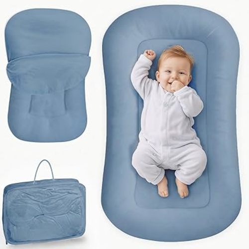Infant Support Cushion - Baby Lounger for Newborn, 0-24 Months, Breathable Cotton Fabric Infant Support Cushion, Portable Newborn Essentials for Home and Travel, GrayishBlue (Cover Included)