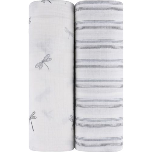 Ely's & Co. Muslin Swaddle Blankets 2-Pack for Baby Boy, 100% Cotton Muslin Extra Large Swaddle Receiving Blankets, 47”x47” (Blue Dragonflies + Stripes)