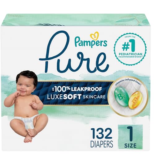 Pampers Pure Baby Diapers, Size 1 (8-14 lbs), 132, Up to 100% Leakproof, Premium Hypoallergenic Soft Diapers