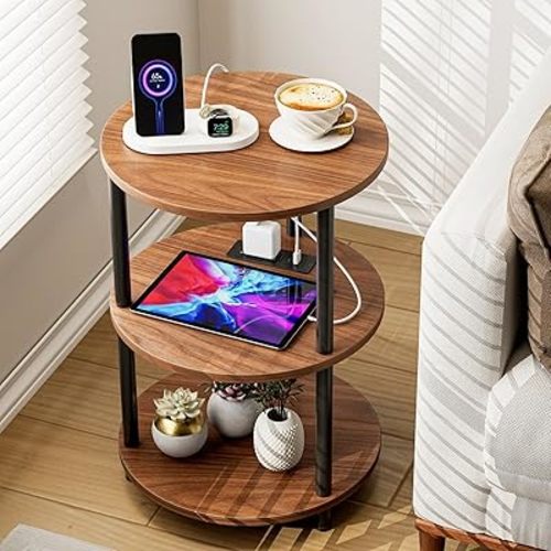 Small Round End Table - 3 Tier Design Accent Table, Narrow Side or Bedside Stand, Industrial Vintage Table for Small Spaces, Built-in USB Ports and Power Outlet, Rustic Walnut