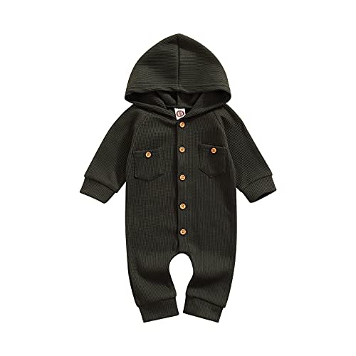 Ynibbim Winter Newborn Baby Boy Girl Solid Romper Unisex Infants Hooded Outfit Clothes Waffle Cotton Button Jumpsuits