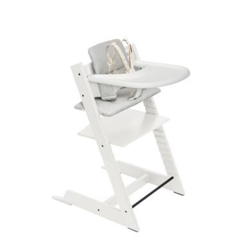 Stokke Tripp Trapp High Chair 2 with Adjustable Baby Set, Cushion, and Removable Tray - White with Nordic Gray