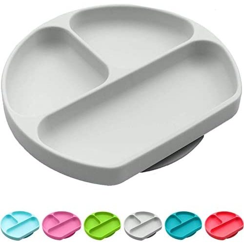 Baby to Toddler Silicone Suction Plate – Divided, BPA-Free Baby Led Weaning Plate Fits Most High Chair Trays – Dishwasher-, Oven-, & Microwave-Safe Kids Dishes by Silikong, 8.2x7.3x1.4 in, Grey