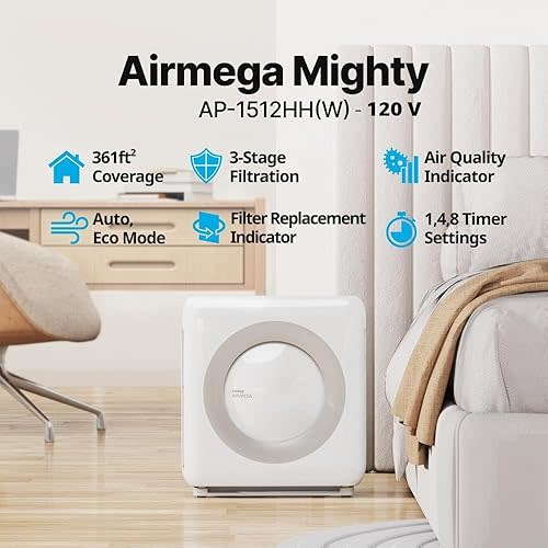 Coway Airmega AP-1512HH(W) True HEPA Air Purifier Purifier with Air Quality Monitoring, Auto, Timer, Filter Indicator, and Eco Mode, 16.8 x 18.3 x 9.7, White