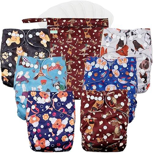 Wegreeco Cloth Diapers 6 Pack With 6 Inserts & 1 Wet Bag, Washable One Size Adjustable Reusable for Babies (Little Dogs)