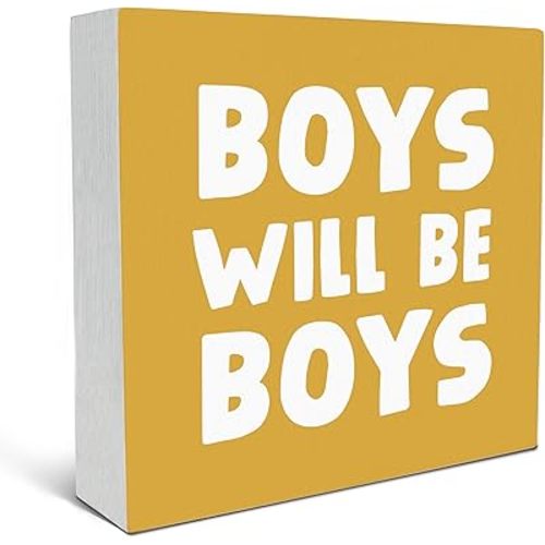 SRADMO Boys Will Be Boys Wood Box Sign Desk Decor, Yellow Boho Beige Preppy Wooden Block Box Sign Decoration for Teen Boys Bedroom College Dorm Gamer Room Wall Shelf Table Decorative Accessories