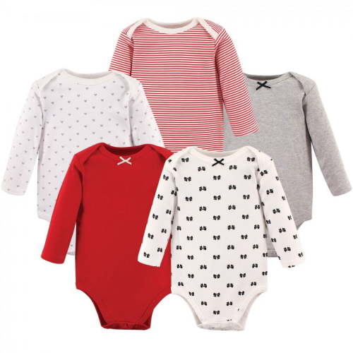 Hudson Baby Infant Girl Cotton Long-Sleeve Bodysuits 5pk, Bow, 9-12 Months