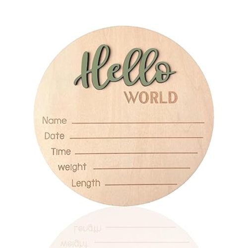 Baby Announcement Sign, ​5.9 Inch Wooden Hello World Newborn Signs, Birth Announcement Sign, Baby Shower Hospital Nursery for Newborn Boys and Girls (Forest Green)