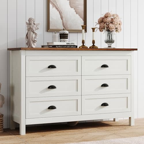 Farmhouse White Dresser for Bedroom, Modern 6 Drawer Double Dresser for Bedroom with Vintage Black Handle, Wide Wood Dressers & Chests of Drawers, 6 Drawer Dressers for Hallway, Antique White