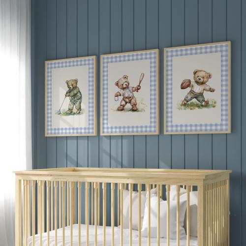 Set of 3 Vintage Teddy Bear Sports Wall Art, 8x10 framed (golf, basketball, football)