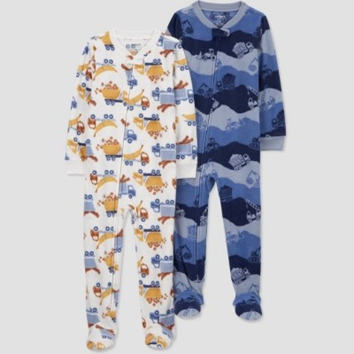 Carter's Just One You®️ Toddler Boys' Construction Trucks Fleece Footed Pajamas - White/Yellow/Blue 12M