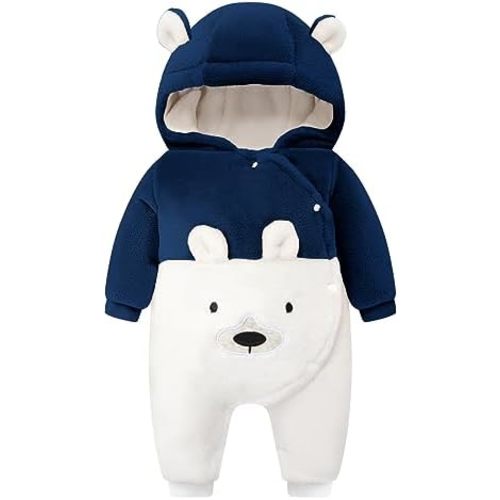 WYTbaby Baby Snowsuit Fleece Romper, Thicken Bear Hooded Jumpsuit for Toddler Girls Boys Infant Outfit