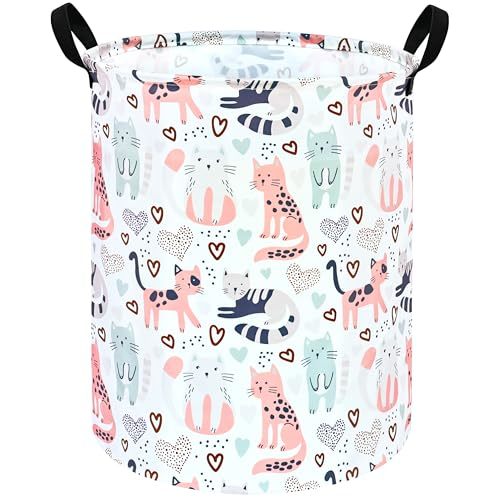 KUNRO Round Cat Laundry Gift Basket Storage Hamper, Clothes Storage Organizer Bins, Shelf Basket with Handles for Room Decor