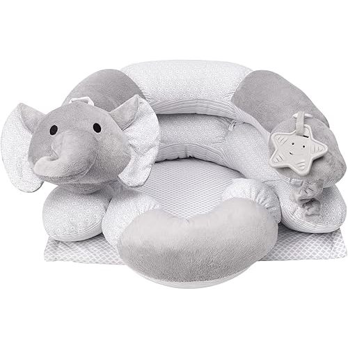 Lovvie & Joy 2-in-1 Tummy Time Mat & Seated Support Pillow,Baby Tummy Time Pillow Support for Newborns and Older Babies,with Detachable Support Pillow and Toys Elephant