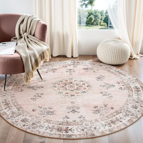 Lahome Washable Pink Round Rug 8ft, Soft 8x8 Circle Rugs for Bedroom Girls Nursery, Floral Round Living Room Rug Non-Slip, Pastel Circular Carpet for Indoor Floor Home Office Decor