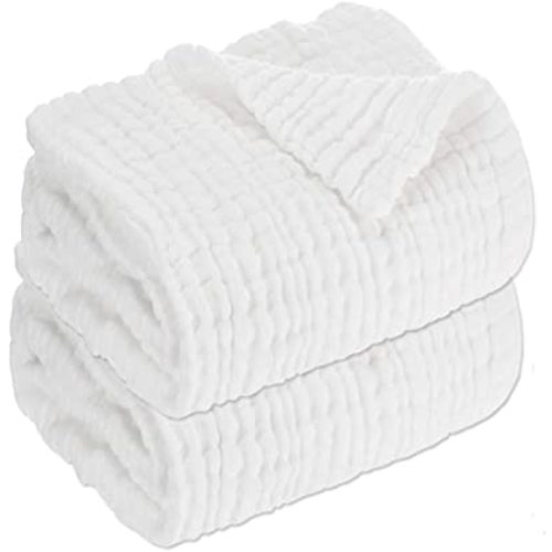 Aablexema Baby Muslin Bath Towels - Set of 2 Large Size 43X43 Inches Swaddle Blanket for Newborn Toddlers Boys Girls (White)