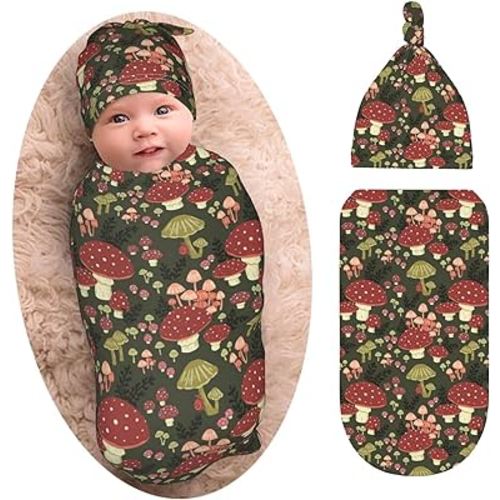 Cute Mushroom Newborn Swaddle Blanket with Beanie Set, Soft and Stretchy Baby Blanket Swaddle Sack for Boy and Girl