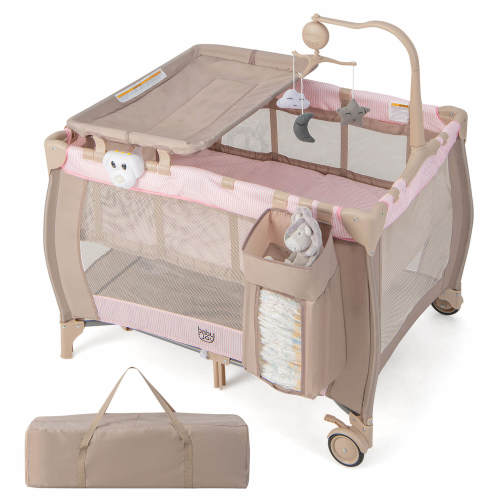 CostwayPortable Baby Playard Nursery Center Crib with Hanging Toys & Music Box Unisex 0-3 Years