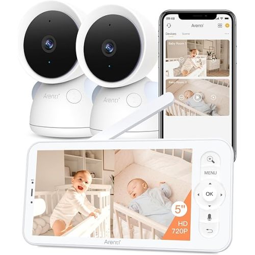 ARENTI 3MP Baby Monitor with 2 Cameras, 5-inch Split Screen Display, WiFi 6 Smartphone App, Night Vision, Cry Detection, Temp & Humidity Sensor, 2-Way Audio (D3 Set)