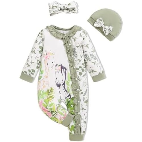 Newborn Baby Girl Clothes Infant Floral Print One-Piece Romper+Jumpsuit+Bodysuit+Hat+Headband