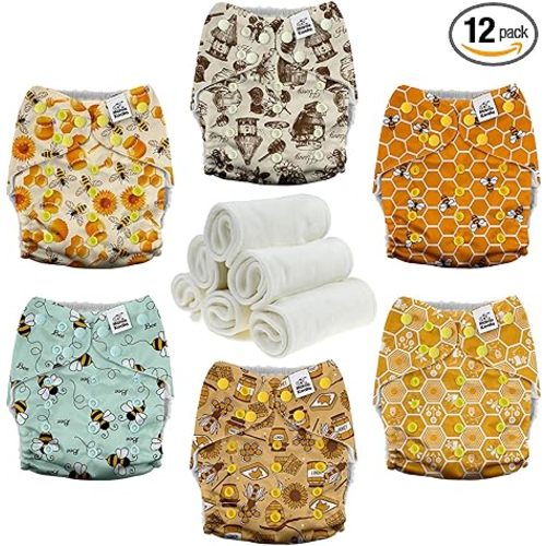 Mama Koala 3.0 Pocket Cloth Diapers for Babies with AWJ Lining, 6 Pack with 6 4-Layer Natural Cloth Diaper Inserts - Reusable and Washable Pocket Diapers(Hardworking Bees)