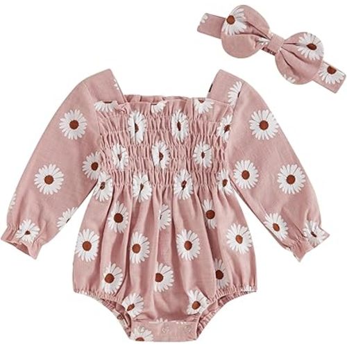 Newborn Baby Girls Daisy Romper Long Sleeve Pleated Smocked Bubble Ruched Jumpsuit Bodysuit Fall Winter Clothes