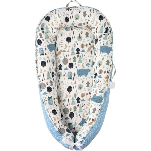 Baby Lounger, 100% Cotton 0-24 Months Breathable Soft Baby Nest Co Sleeper, Reversible Adjustable Portable Baby Lounger Nest for Newborn, Infant Lounger for Home & Travel (Blue Animals)