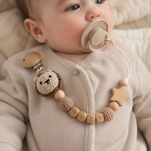 Custom Baby Name Pacifier Clip, Personalized Crochet Animal Binky Holder, Wooden Bead Dummy Clip, New Baby Gift