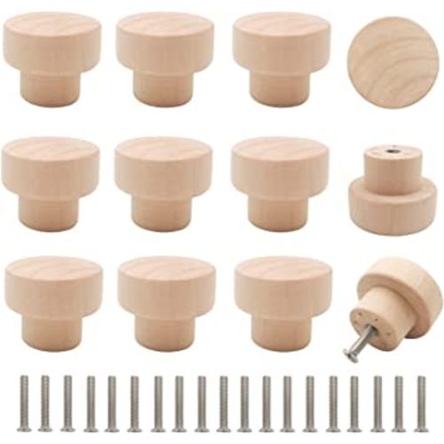 16PCS Wood Knobs Flat Top Round Cabinet Knobs 1.39"(35mm) Unfinished Wooden Dresser Drawer Knobs Kitchen Cabinet Pulls Handles