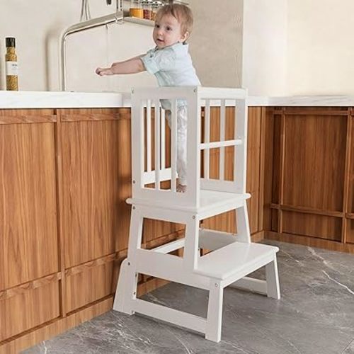 Kids Kitchen Step Stool, Toddler Montessori Learning Standing Tower, Ideal Toddler Kitchen Stool Helper for Bathroom Sink or Kitchen Counter - 2025 Design with 3 Exclusive Upgrades - White