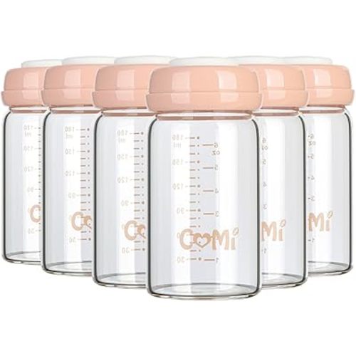 COMI Wide Neck Glass Breastmilk Collection n Storage Bottle, 6oz with Screw Ring Sealing Disk; Re-markable Sealing Disc. BPA Free, Fits Breast Pumps & Nipples (Pink Lids)
