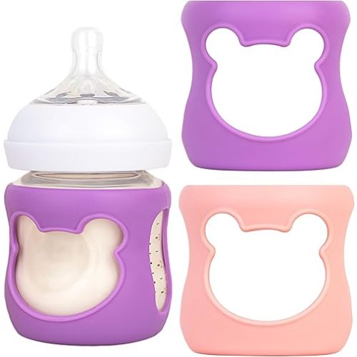 100% Silicone Baby Bottle Sleeves for Philips Avent Natural Glass Baby Bottles, Premium Food Grade Silicone Bottle Cover, Cute Bear Design, 4oz, Pack of 2 (Pink/Purple)