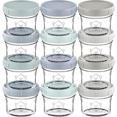 KeaBabies 12pk 4oz Glass Baby Food Containers with Lids - Leak-Proof, Microwavable Small Glass Jars, Baby Purees & Toddler Snack Storage Containers, BPA-Free, Dishwasher & Freezer Safe (Slate)