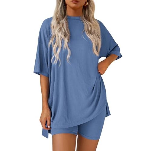 PRETTYGARDEN Women's Two Piece Lounge Set 2025 Summer Casual Oversized Shirts Biker Shorts Matching Airport Travel Outfit