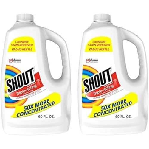 Shout Active Enzyme Laundry Stain Remover Spray, Triple-Acting Formula Clings, Penetrates, and Lifts 100+ Types of Everyday Stains - Prewash Refill 60oz (Pack of 2)