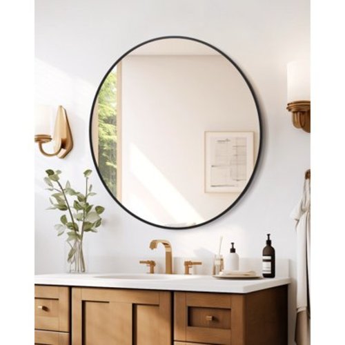 5mm Extra Thick Round Mirror, 18 Inch Matte Black Aluminum Alloy Framed Bathroom Mirror, HD Eco-Friendly Mirror, Modern Cute Wall Mirror for Nursery, Living Room, Vanity