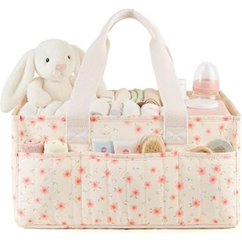 Baby Diaper Caddy Organizer with Portable Changing Mat-Portable Baby Organizers and Storage, Gift for Baby Shower, Baby Essentials Organizer with Removable Dividers (Pink Floral)
