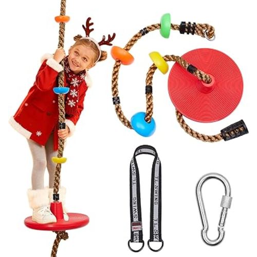 DECORLIFE Tree Swing for Kids, Adjustable Rope Disc Swings for Outside with Platform Carabiners and Strap Outdoor, Playground Accessories, Red