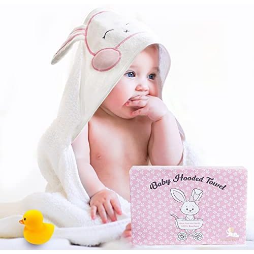 Premium Baby Hooded Towel 100% Organic Bamboo Cotton, Super Absorbent, Unique Design for Baby Girl and Toddler. Ultra Soft, White, X-Large, 35 x 35 inches.