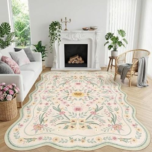 Scalloped Rug 7x9, Sage Green Floral Washable Non Slip Area Rug for Bedroom, Soft Low Pile Cottagecore Rug for Girls Room, Nursery, Dorm, or Reading Nook Green Beige