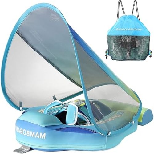 Mambobaby Float Add Tail Baby Swim Float with Canopy Solid Pool Infant Swim Trainer Swimming Training Lying Air Free Water Floats Non-Inflatable Waist Swim Ring for Toddlers (Gradient)