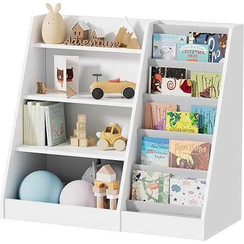 Mr IRONSTONE Kids Bookshelf and Toy Storage, 4 Tier Wooden Kids Bookcase with 5 Layer Sling Book Shelf for Kids Rooms, Classroom, Bedroom, Nursery Bookshelf for Baby, Children, Toddler
