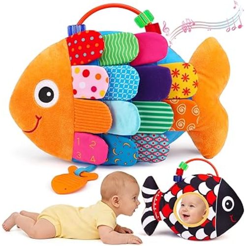 Baby Sensory Tummy Time Toys 0-6 Months Music Fish Toy for Infant 3 4 5 6 Month High Contrast Newborn Toy with Mirror Crinkle Rattle for 3-6 6-12 Month Baby Boy Girl Shower Gift Easter Basket Stuffers