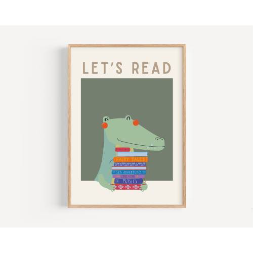 Kids Reading Poster, Retro Toddler Wall Art, Whimsical Crocodile Picture, Playroom Classroom Decor, Cute Animal Illustration, Book Nook