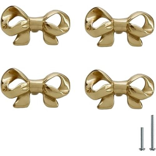 4 Pack Gold Brass Knobs for Dresser,Drawers and Cabinet, Decorative Bow Knobs and Pulls for Kids,Children,Girls Bedroom
