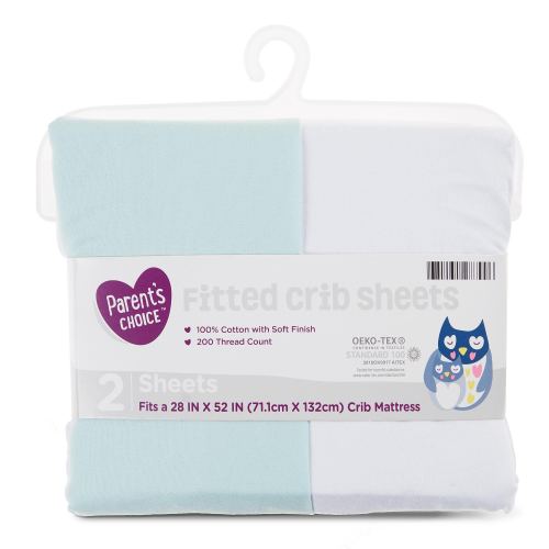 Parent's Choice Fitted Crib Sheets, Mint/White, 2 Count
