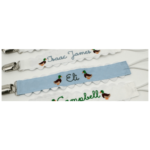 Monogrammed Pacifier Clip Embroidered Name, Baby Pacifier Clip, Embroidered Mallard Duck, Duck Baby Gift, Monogrammed Duck Design